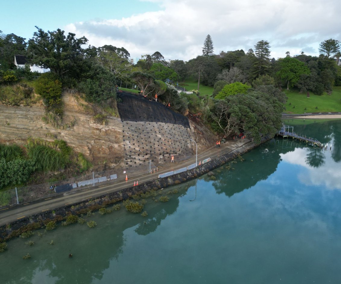 Aerial view of rockfall mesh and soil nails on the cliff above Judges Bay Road at Parnell Baths