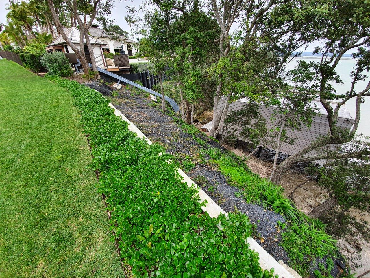 Reinstated coastal garden above a protected shoreline