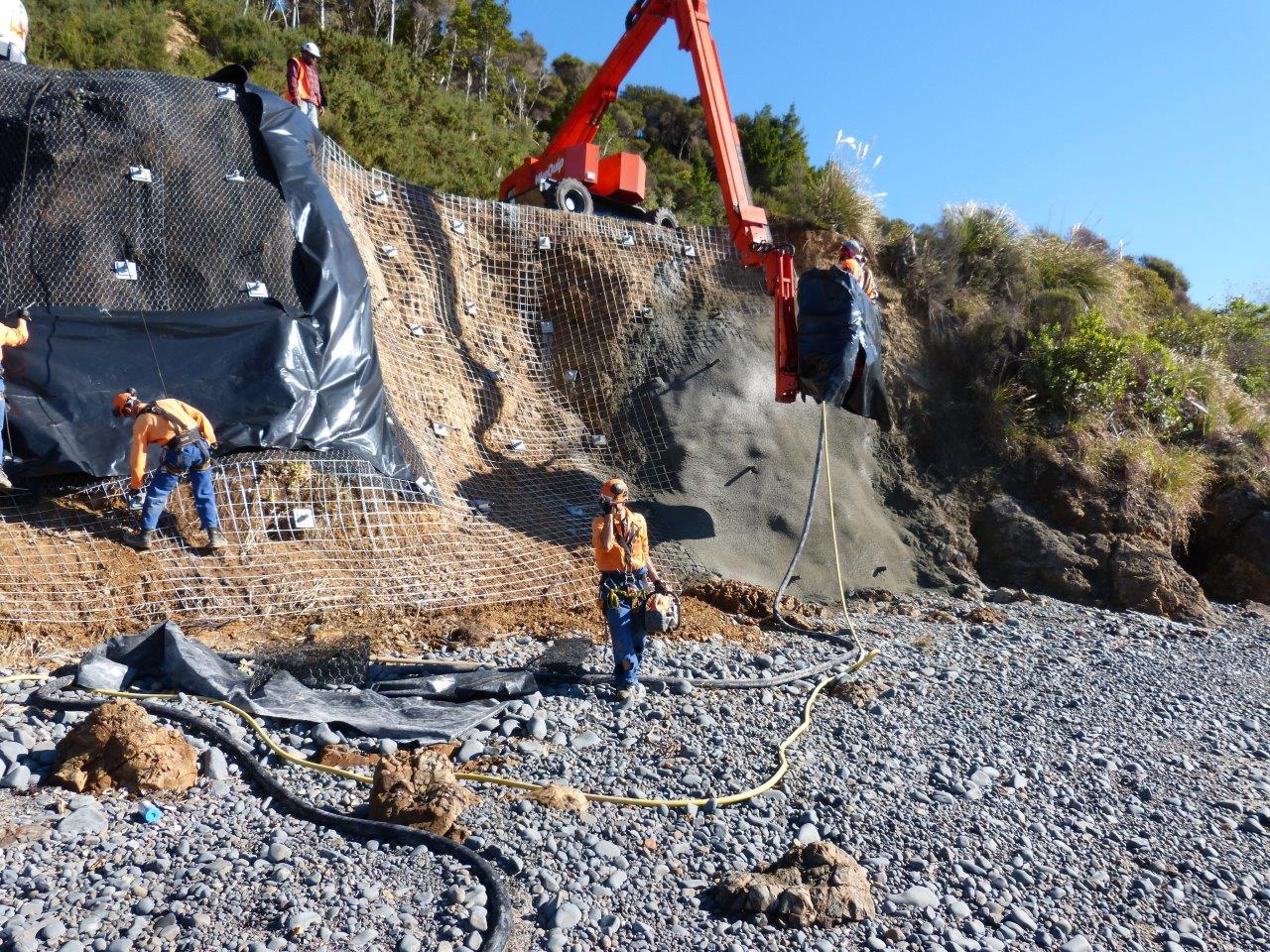 Shotcrete slope stabilisation works on a coastal roading corridor