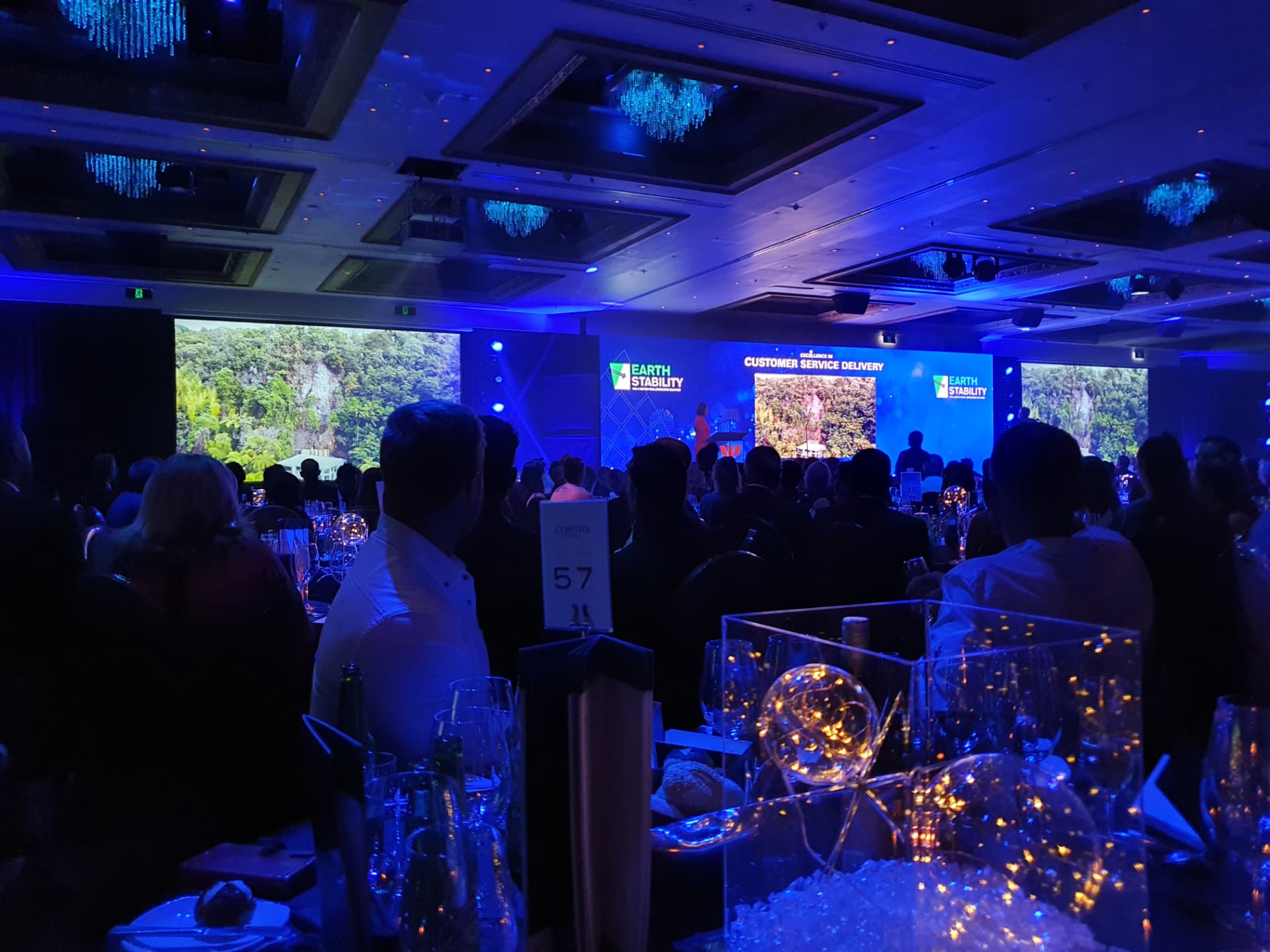 Awards gala dinner with Earth Stability shown on the main stage screen under Excellence in Customer Service Delivery